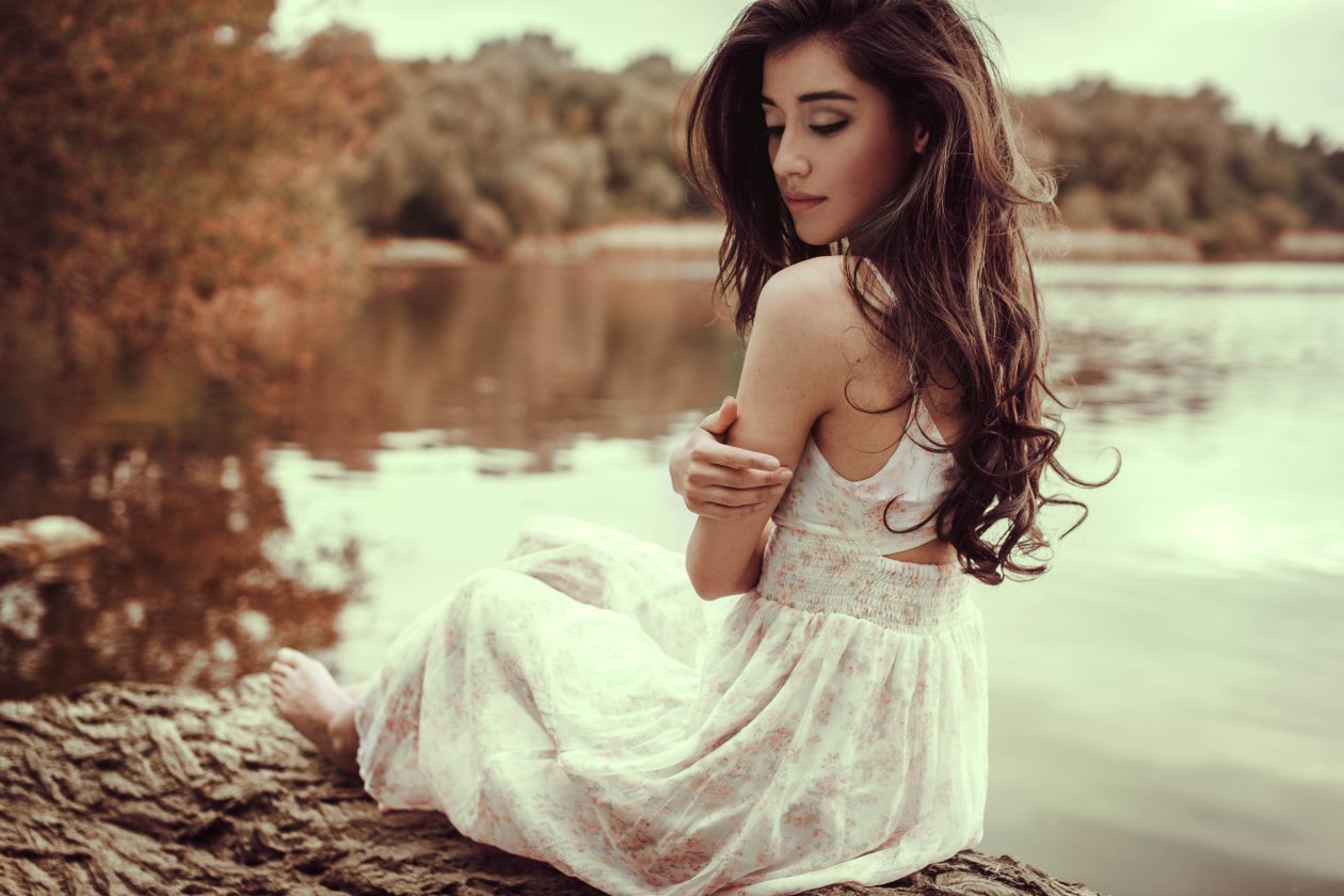 White Dress Girl Lake Side 8k