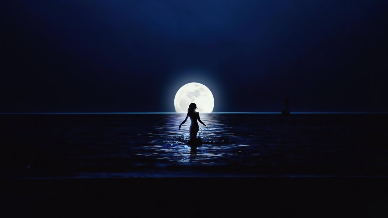 Girl Walking Towards Moon In Ocean