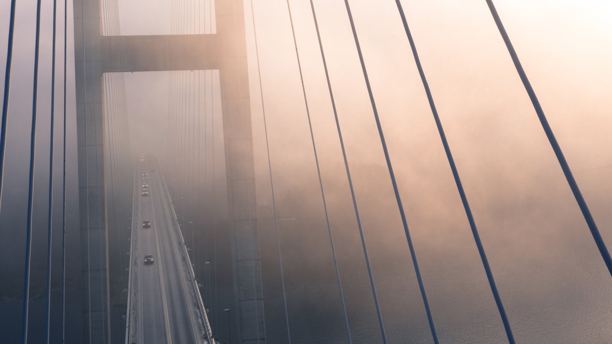 Suspension Bridge View From Top Evening Fog 4k