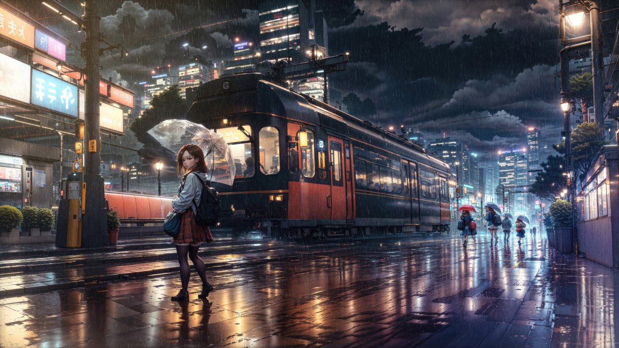 Rainy Day Anime Girl Looking Back 5k