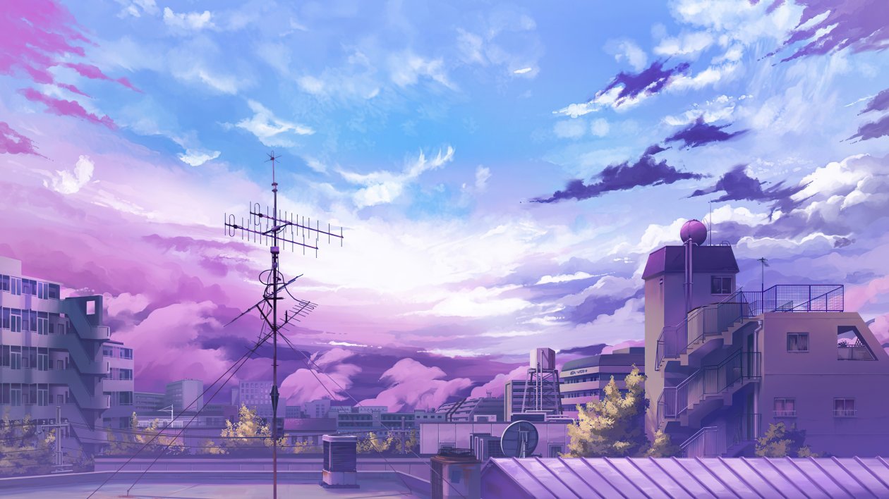 Anime Clouds Buildings 5k