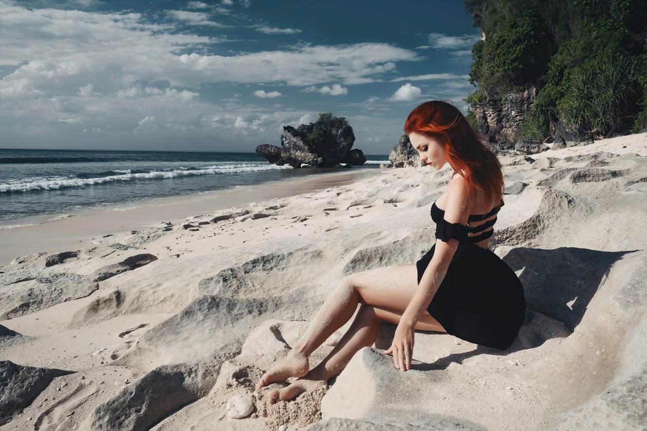 Redhead Girl Sitting On Beach Black Clothing 4k