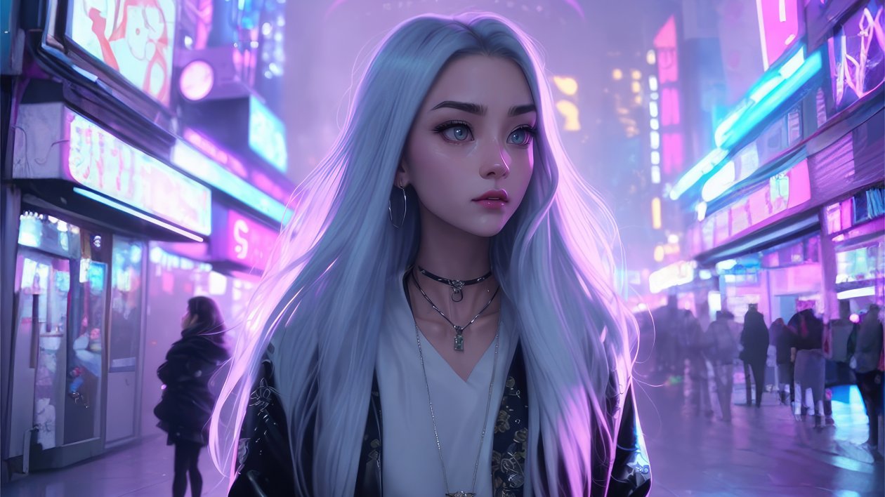 Silver Haired Girl In A Neon City