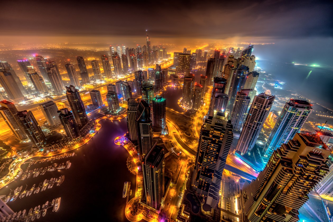 Dubai Buildings Night Lights Top View 8k