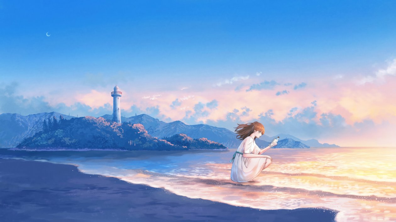 Anime Girl Evening Beach Crescent Moon