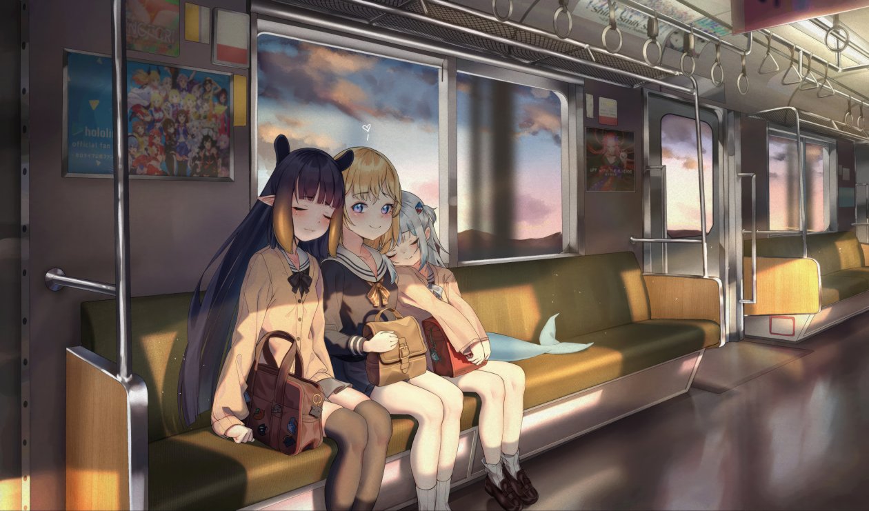 Anime Girls In Train Closed Eyes Smiling Sailor Uniform
