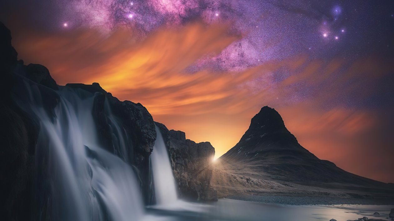 Waterfall Glowing Sky Stars Mountains 5k