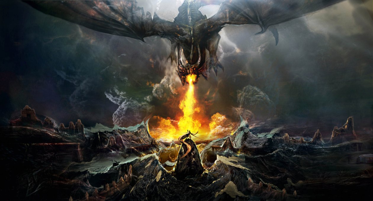 Dragon Throwing Fire On Warrior