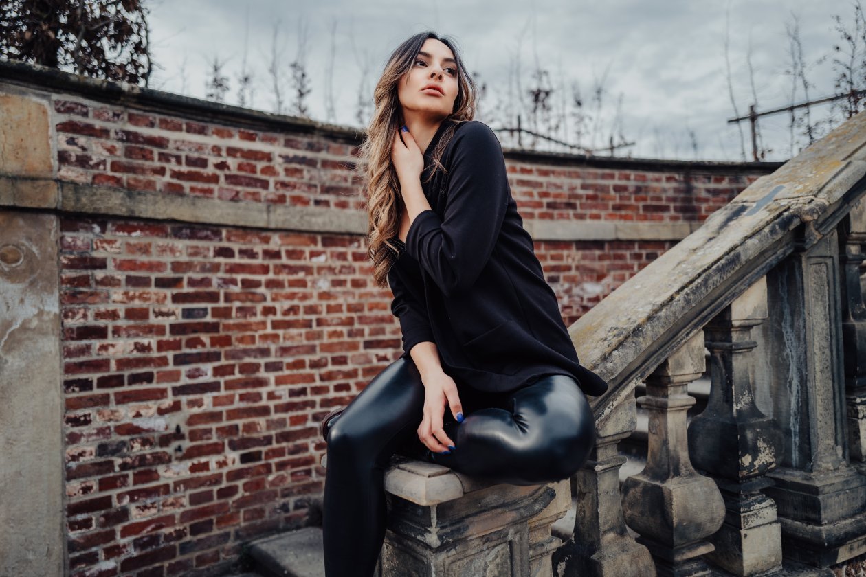 Black Clothing Girl Sitting On Stairs