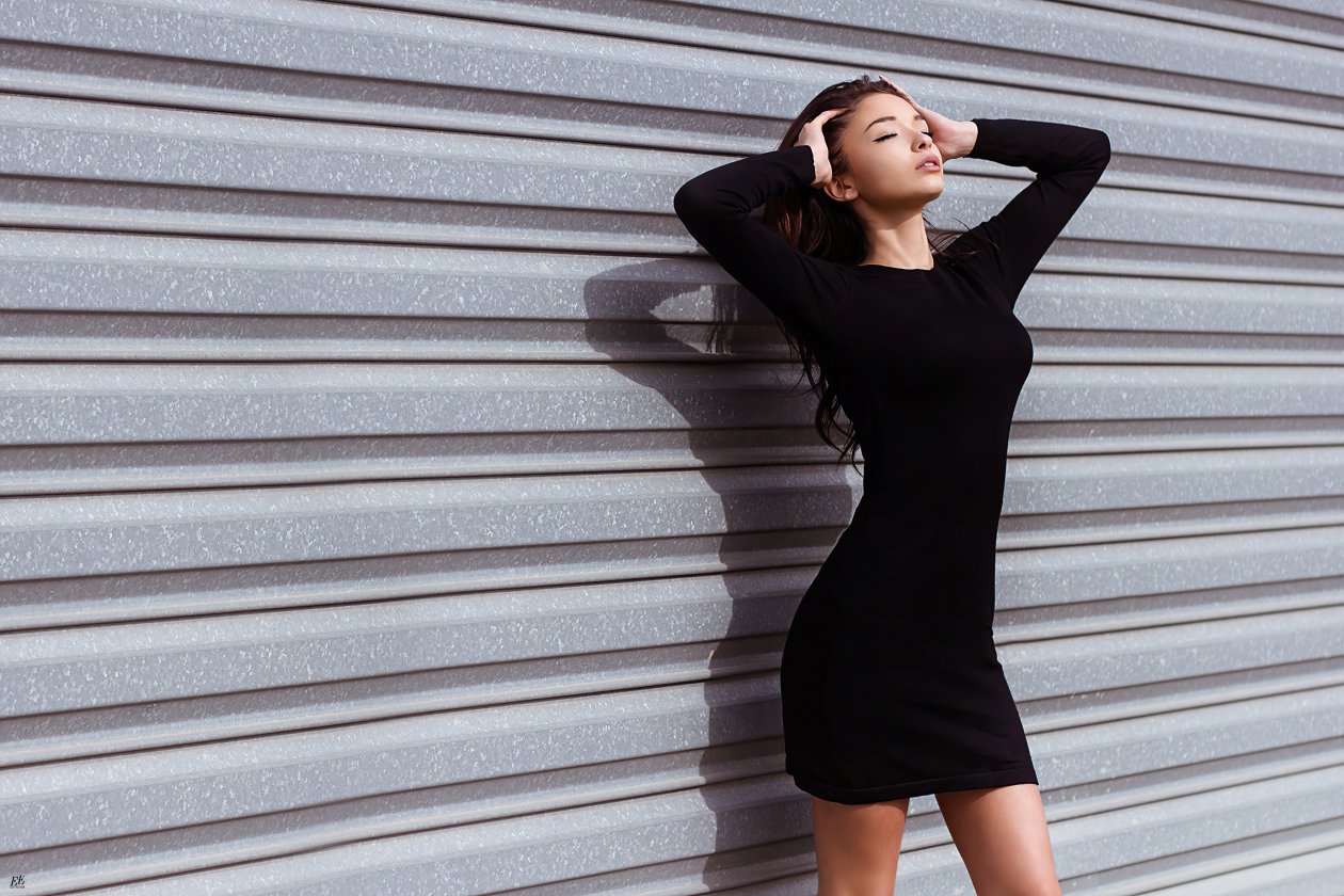 Black Dress Girl Hands In Hair Eyes Closed 4k