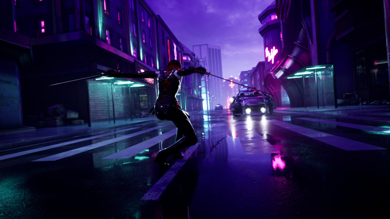 Cyberpunk Guy Sharp Swords Street Lights 4k