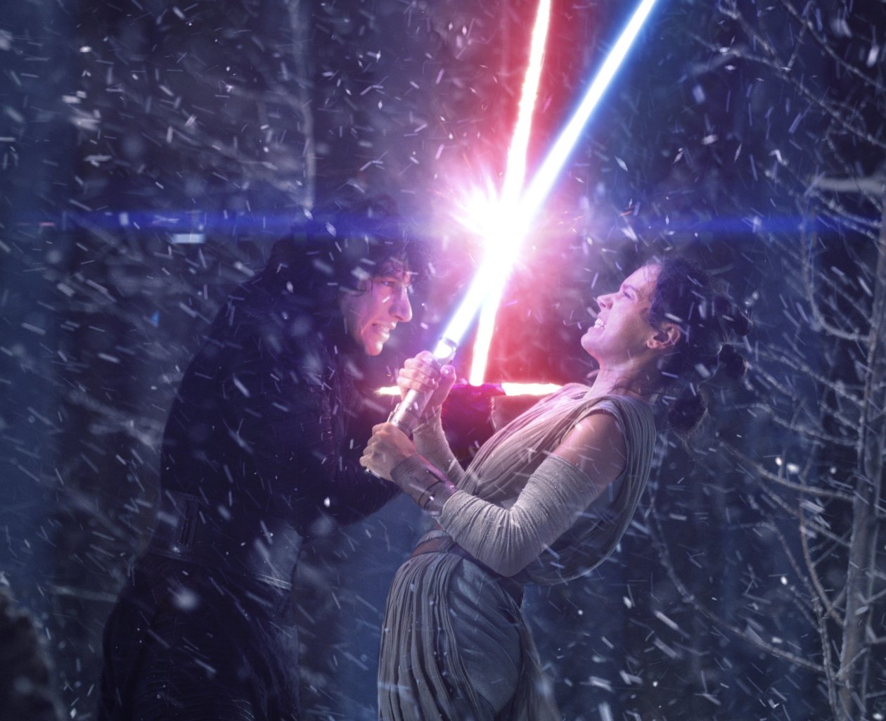 Rey And Kylo Ren Fighting With Lightsaber