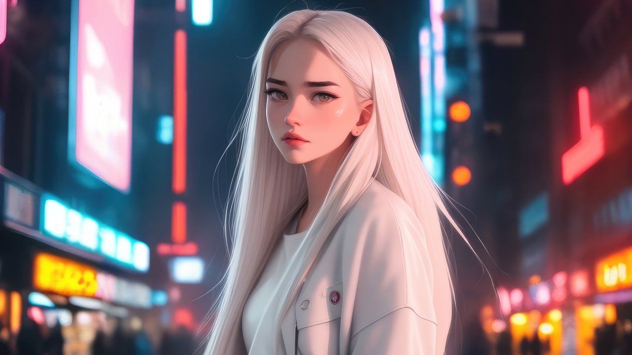 Anime Girl White Hairs In Ubran City