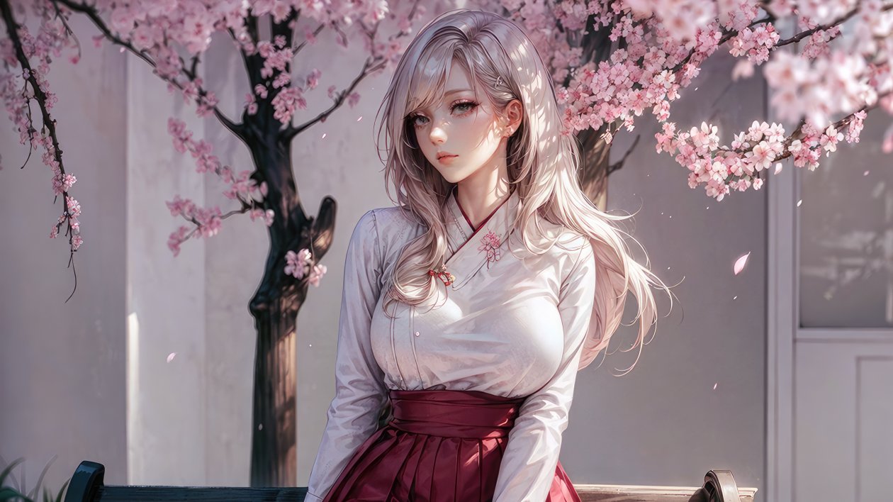 Anime Girl White Hairs Sitting On Bench