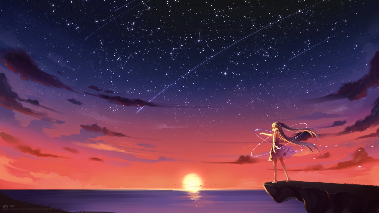 Anime Girl Barefoot Blonde Sky Stars Sunset 4k