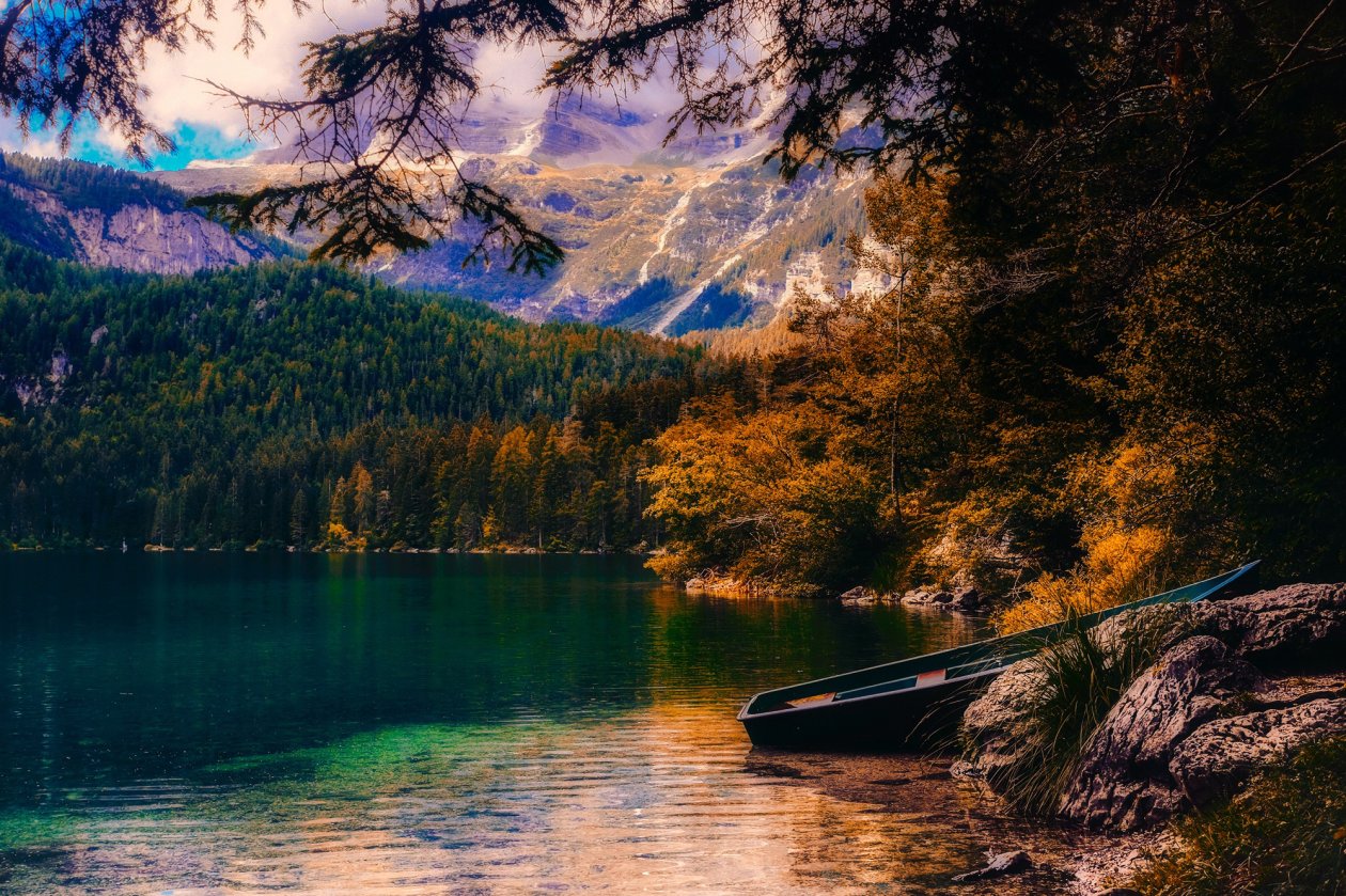 Countryside Beautiful Autumn Season Sunset Boat Landscape Moutains