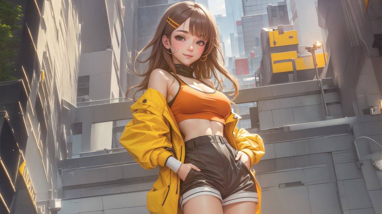 Anime Girl Shorts Open Jacket With Super Car 4k