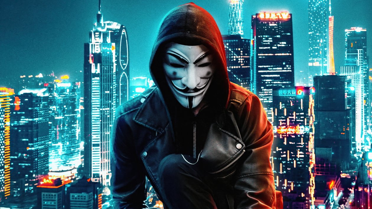 Anonymus Mask Boy Rooftop Buildings 5k