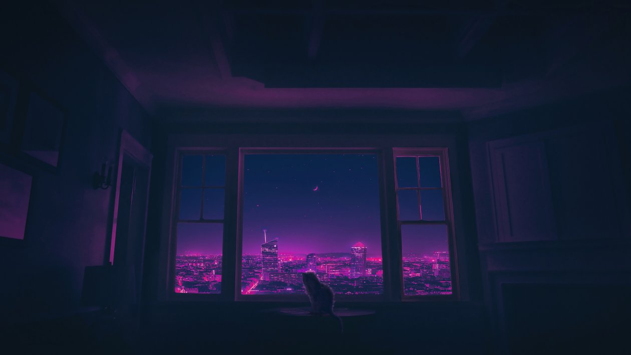 Cat Outside Synthwave City