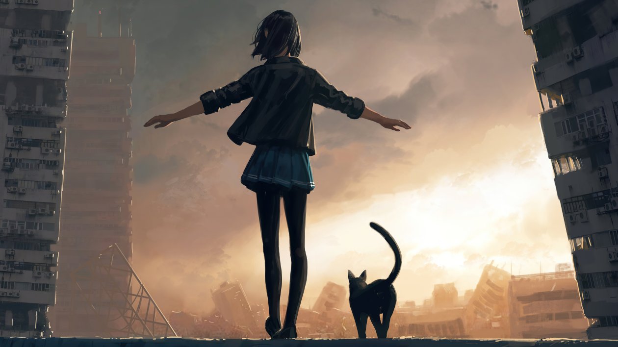Girl Walking With Cat On Roof Wall 4k