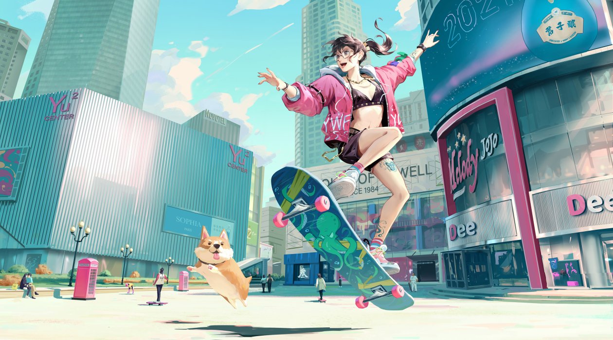 Skyline Anime Girl Skateboard With Dog