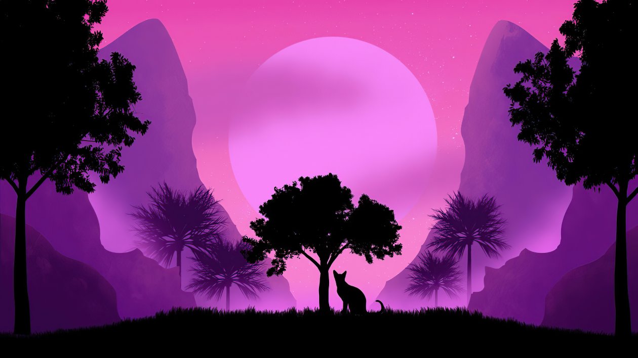 Cat Watching Moon Synthwave