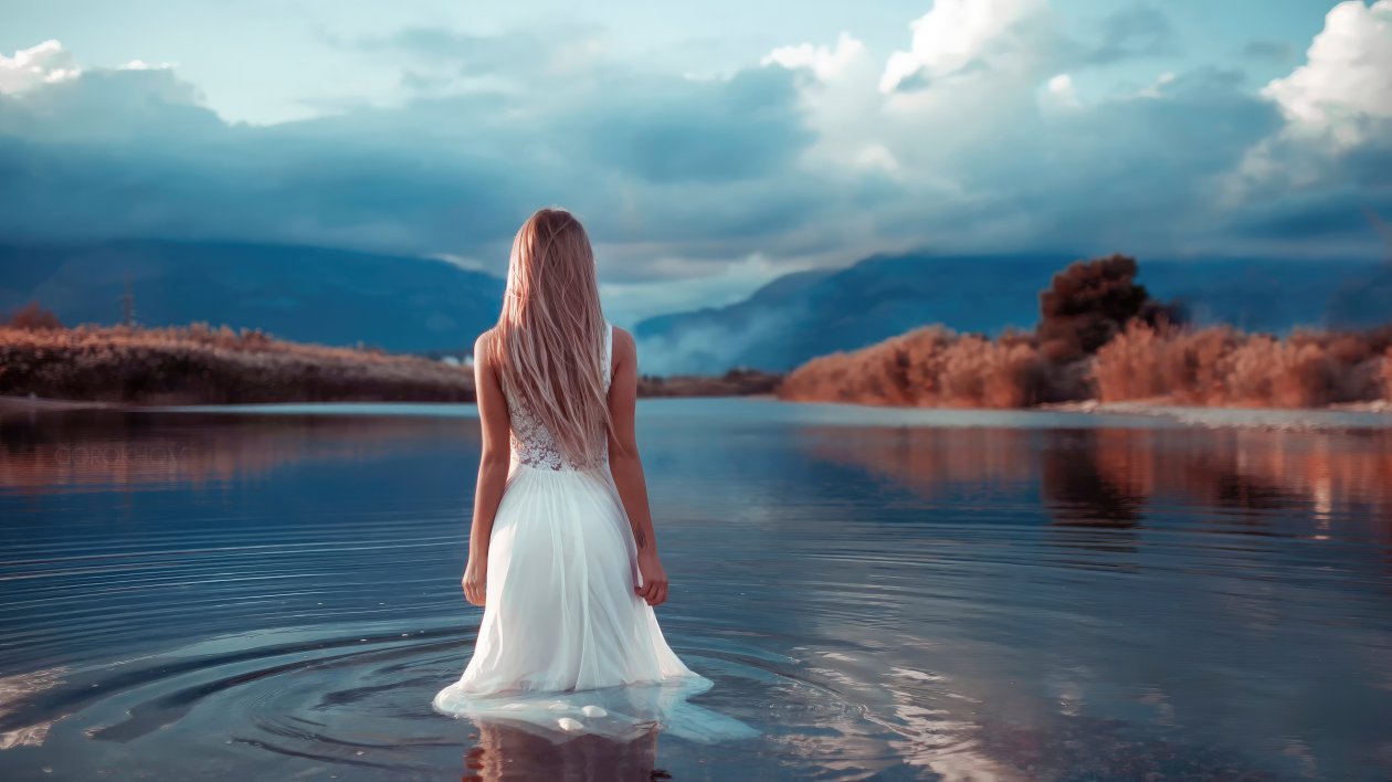 Blonde Girl Long Hair White Dress Walking In Lake