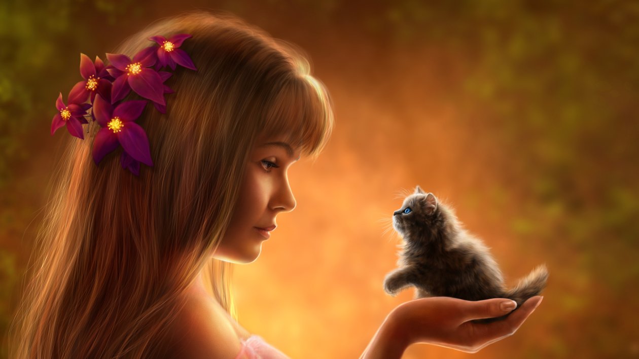 Girl Holding Small Cat In Hand Artwork