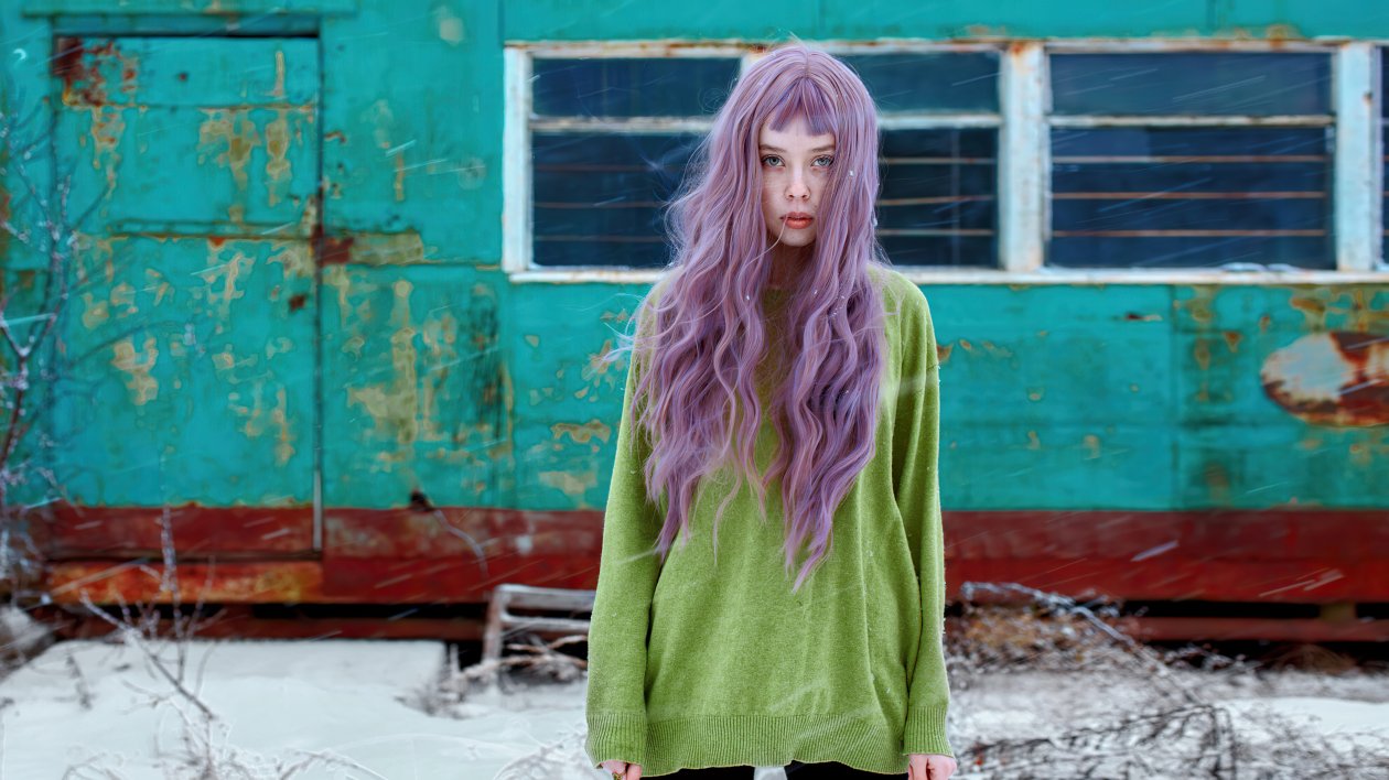 Girl Violet Hairs Snow Outdoor 4k