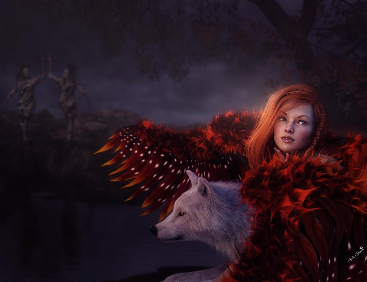 Red Head Girl With Wolf