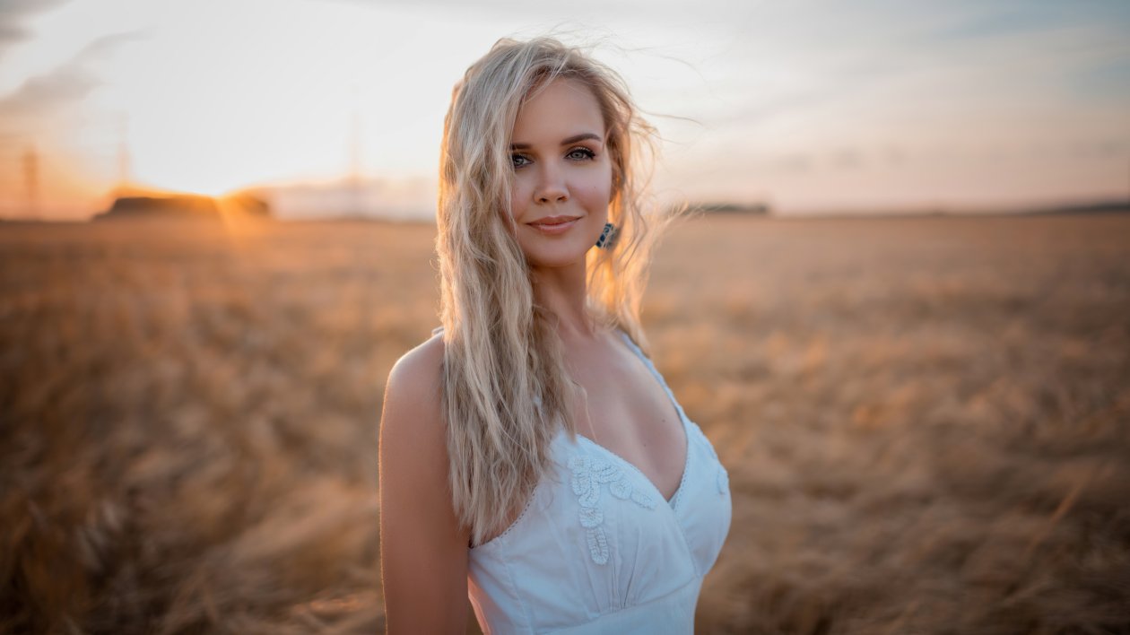 White Dress Gray Eyes Hair In Face 4k