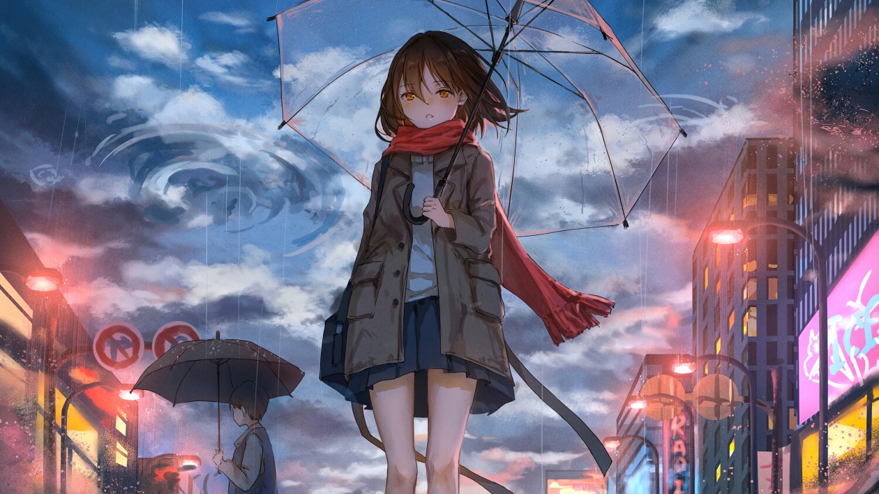 Anime Girl Rain Umbrella Wind 5k