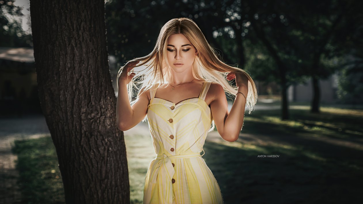 Girl Yellow Dress Blonde Hairs Glance 4k
