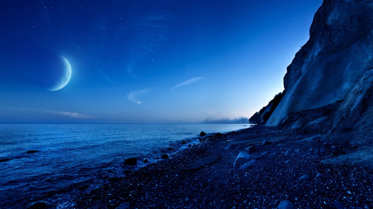 Nightfall Mountain Sea Moon