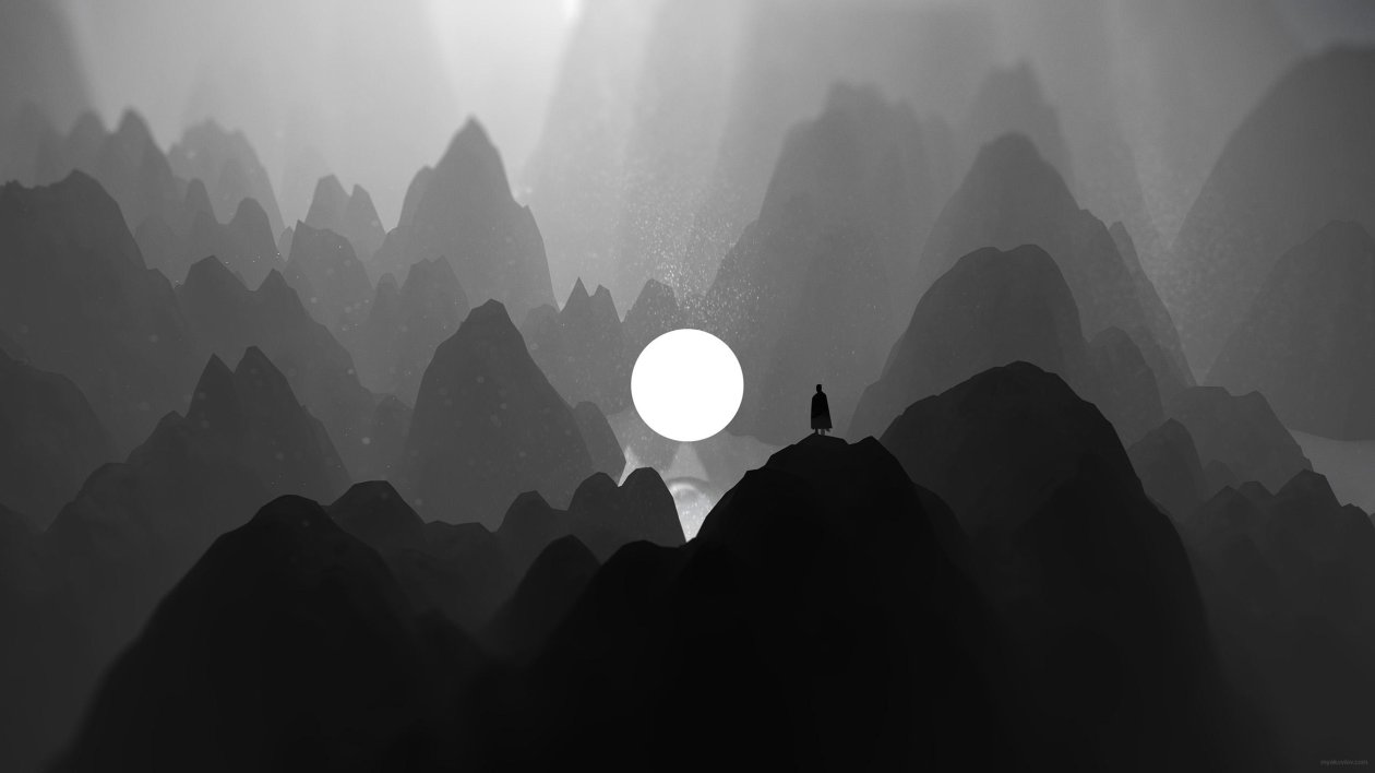 Black And White Moon Man Standing On Mountain Artwork
