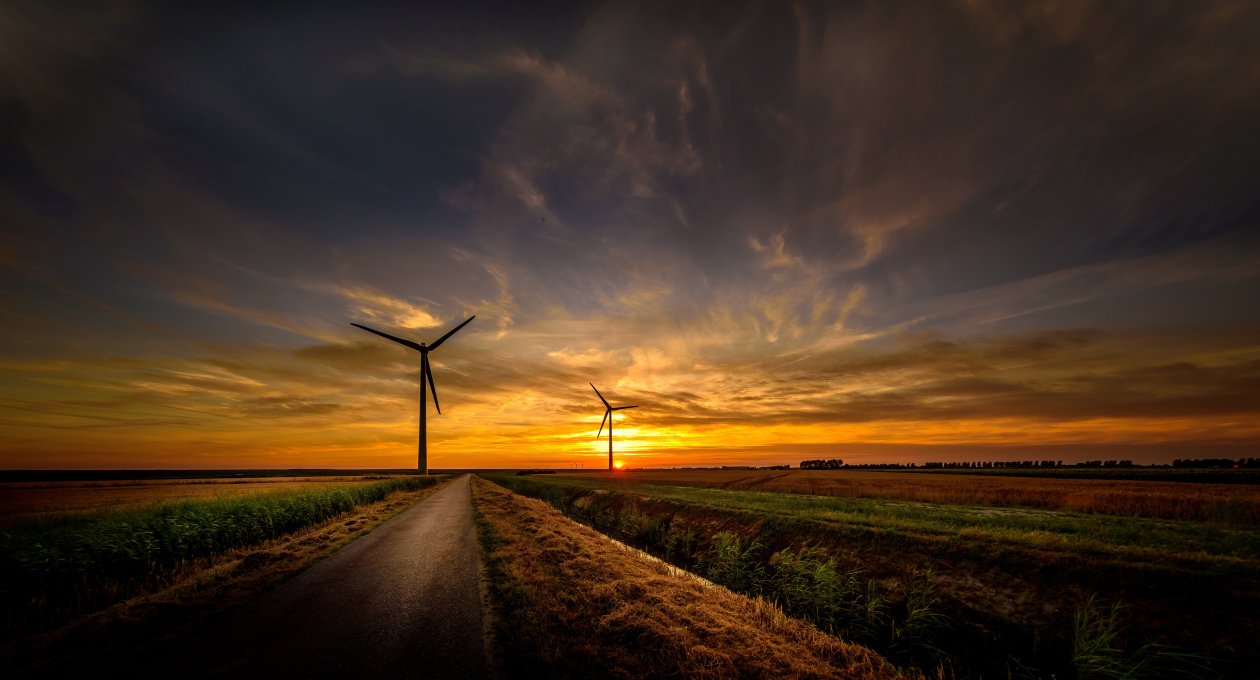 Sunrise Wind Turbine Road Sky 8k