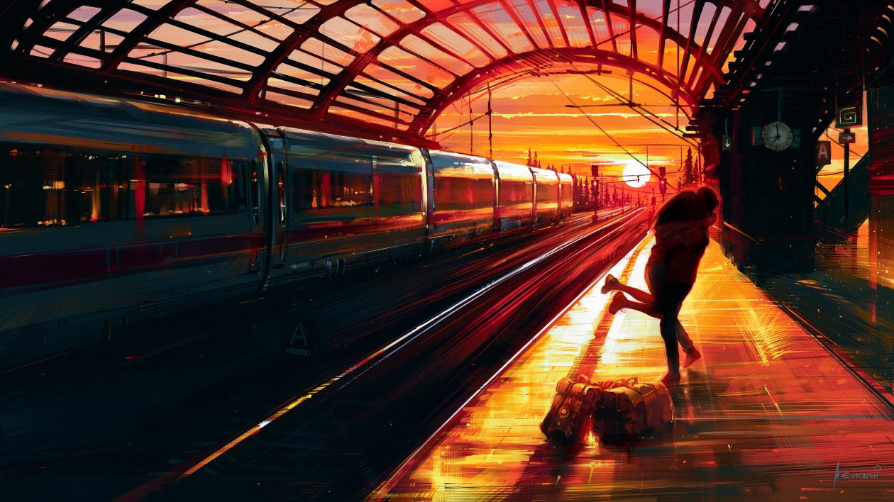 Couple Hugging At Train Station