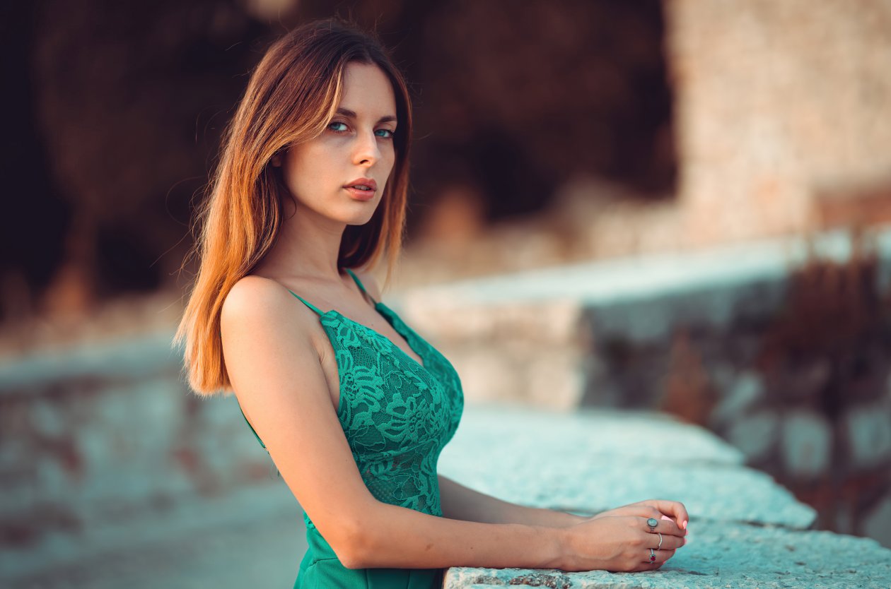 Blonde Hair Green Dress Girl Roof Looking At Viewer