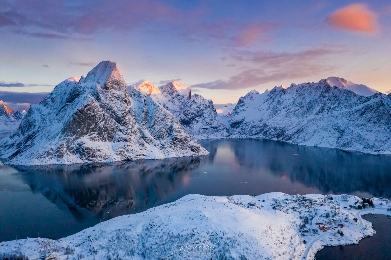 Norway Lofoten Mountains Winter Bay Snow