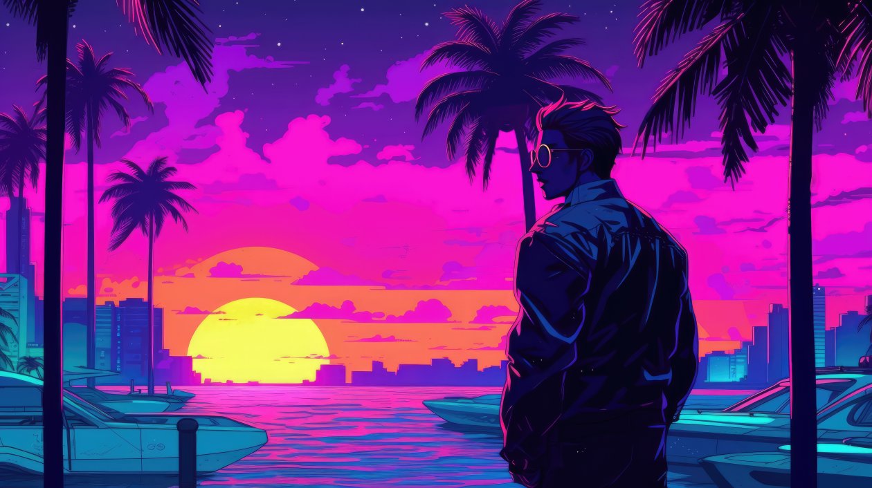 Boy With Sunglasses Vaporwave Sunset Glow Palm Trees Yacht Relaxing