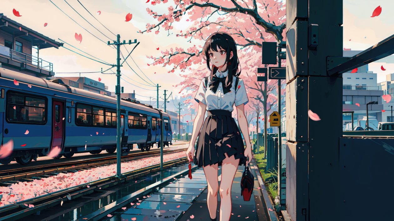 Anime Girl Cherry Blossom Train Looking Away 4k