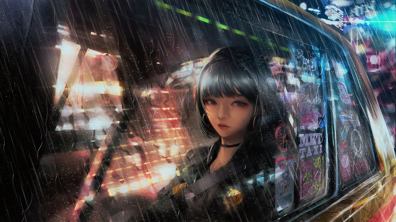 Anime Girl In Taxi Raining 4k
