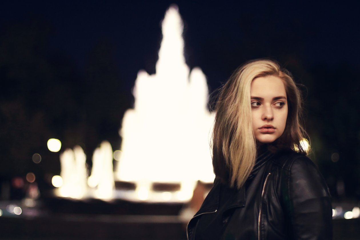 Girl Black Leather Jacket Looking Away
