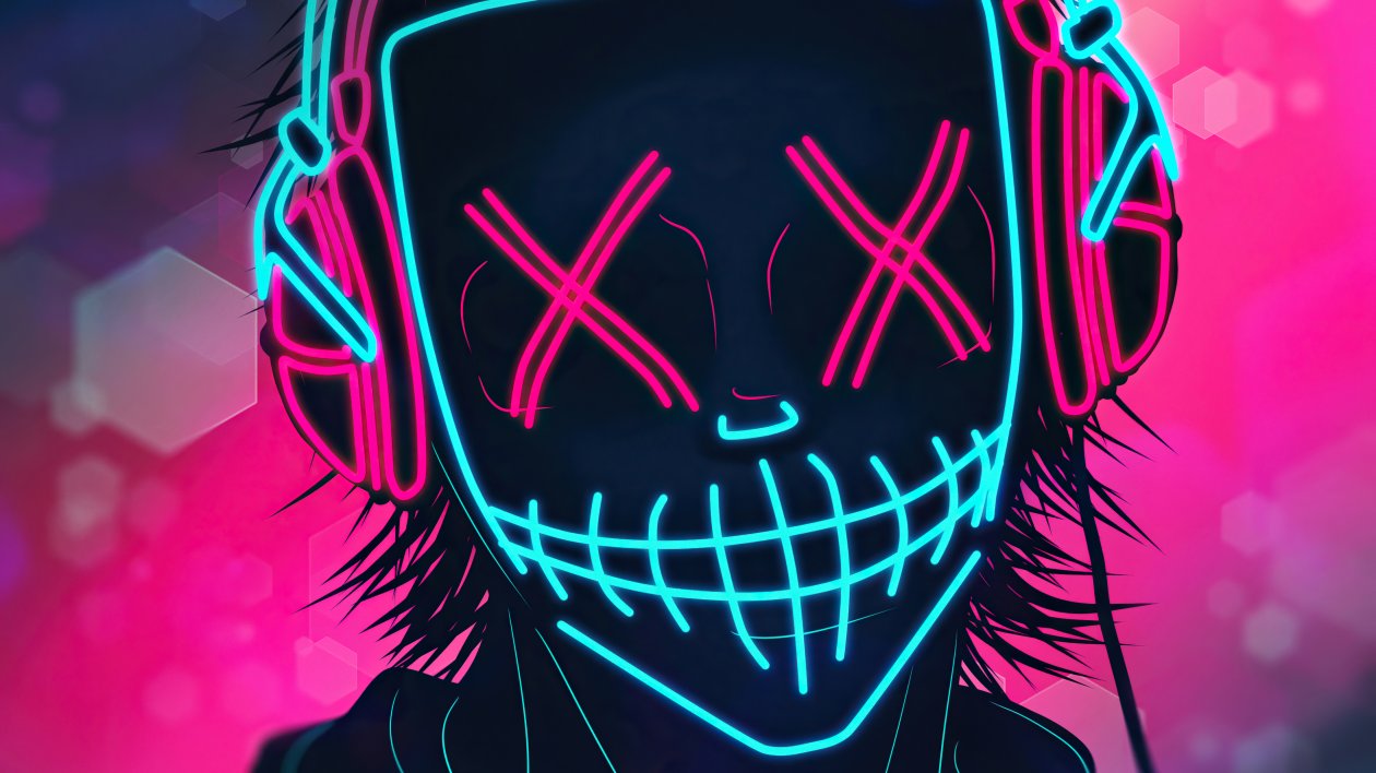Mask Boy Listening Music Neon 4k