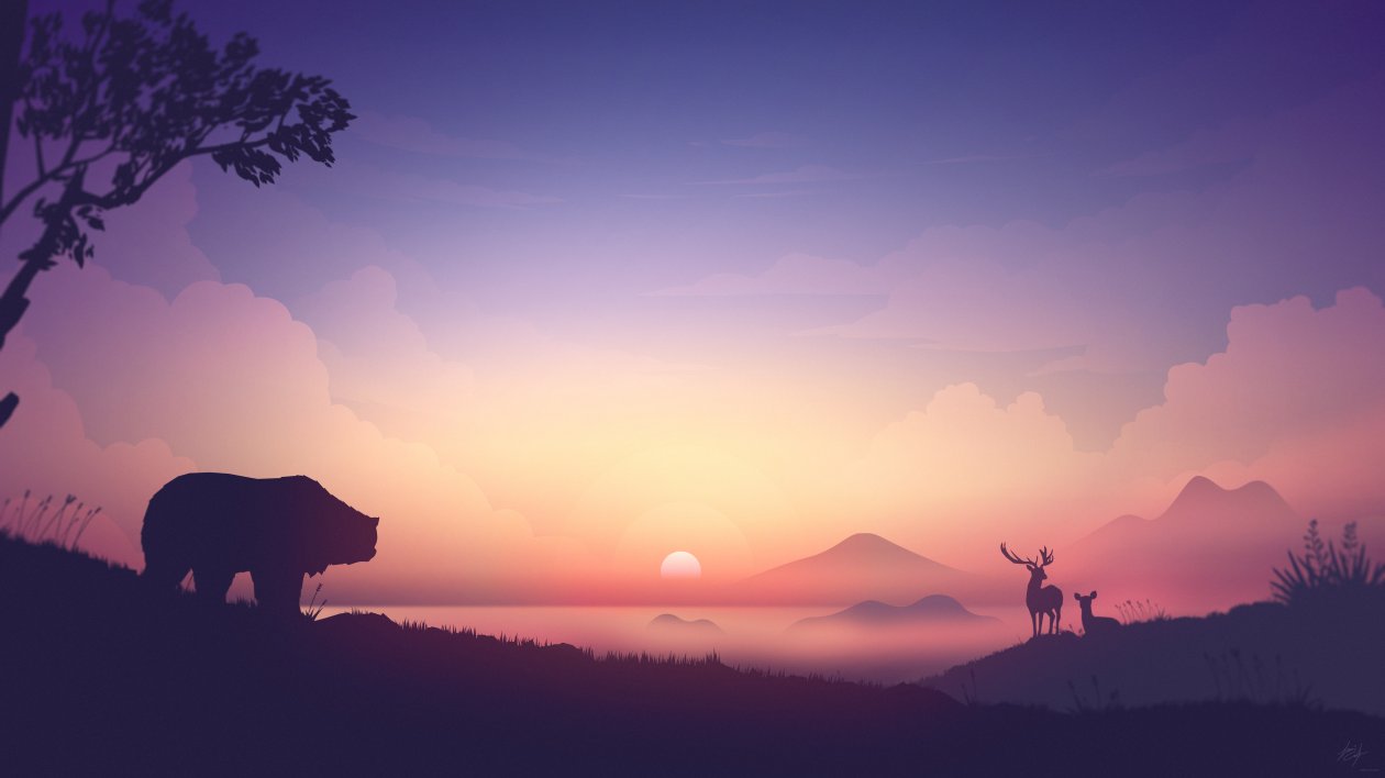 Bear Deer Mountains Sunrise Minimalism Artwork 8k