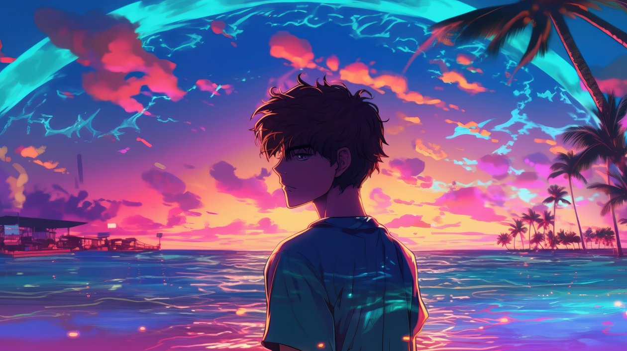 Boy Vaporwave Sunset Glow Palm Trees Yacht Relaxing