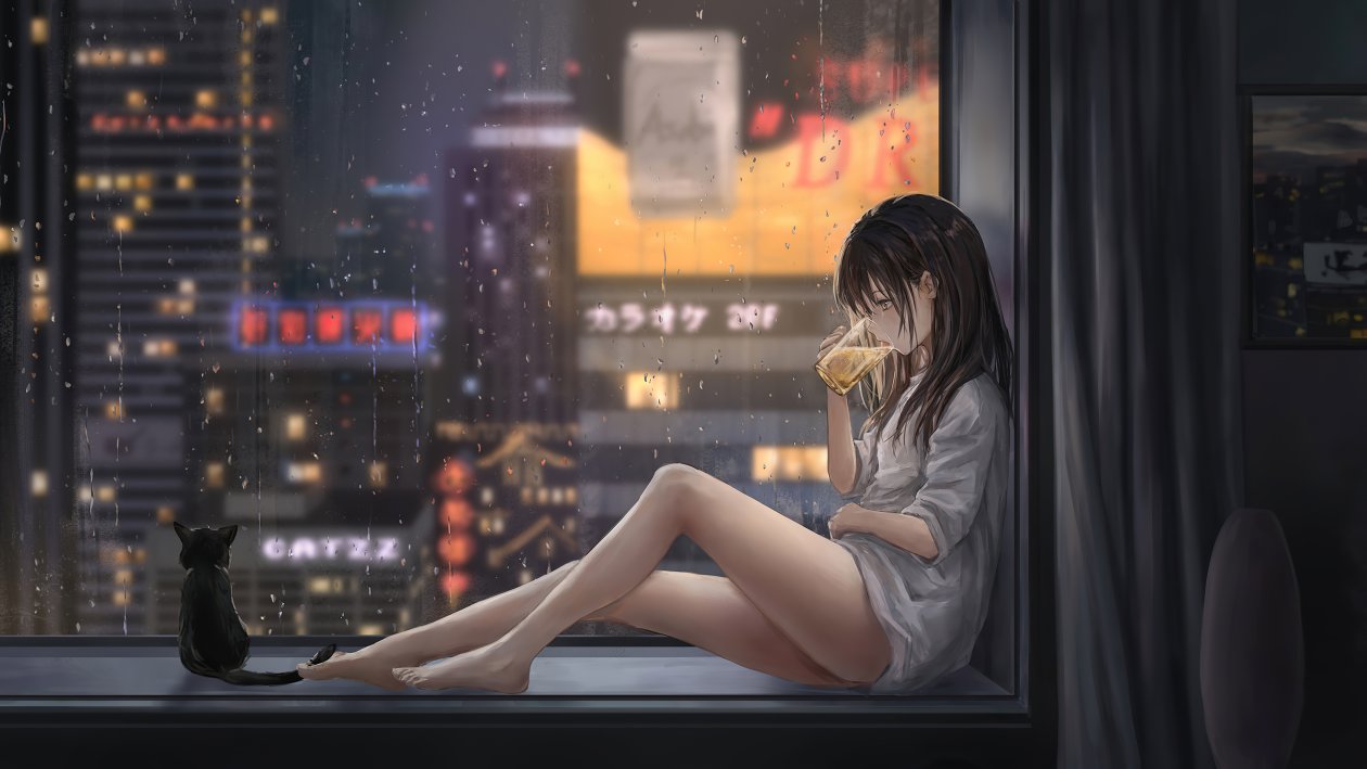 Anime Girl Cat Raining 4k
