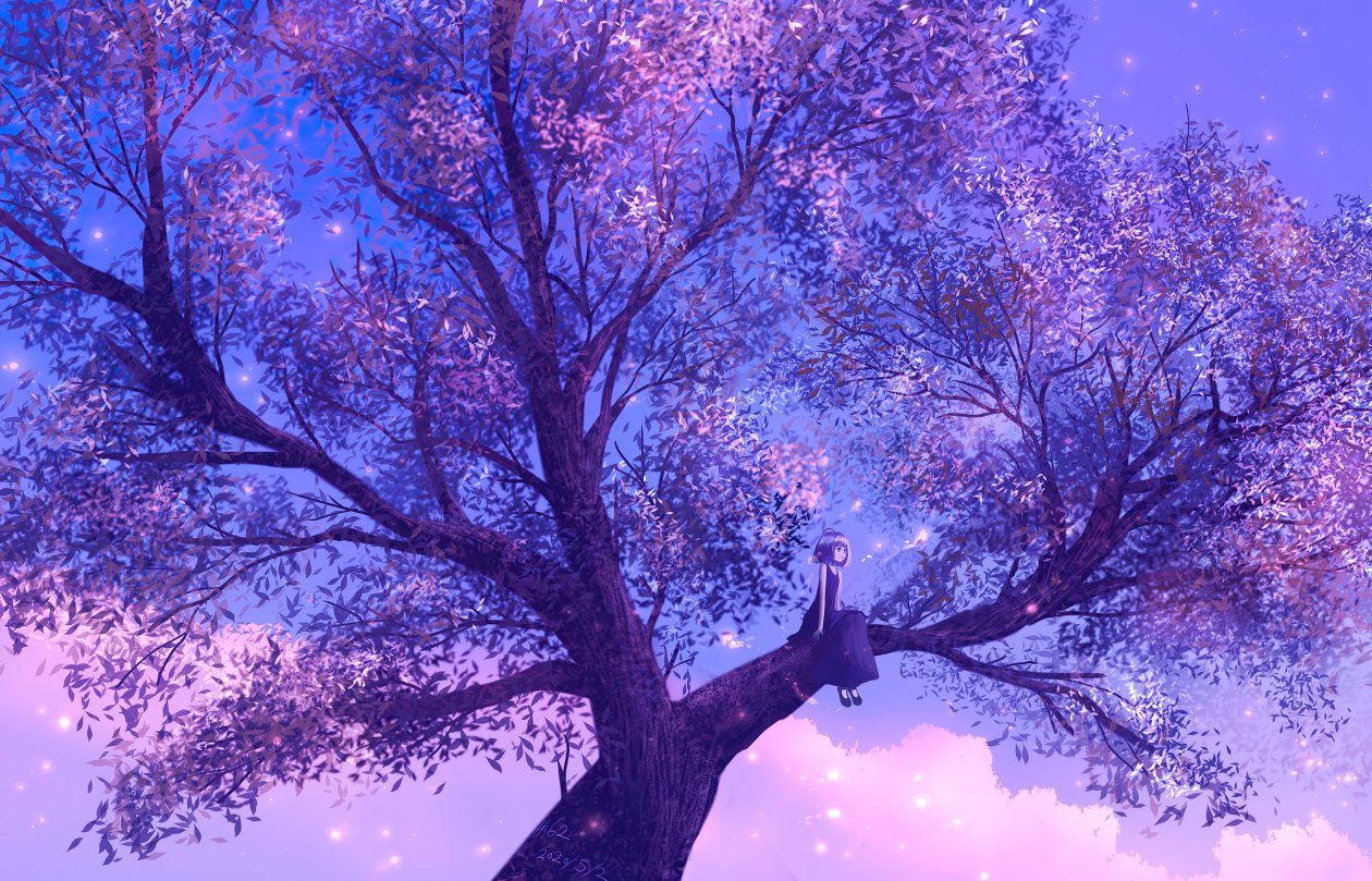 Anime Girl Sitting On Purple Big Tree 4k