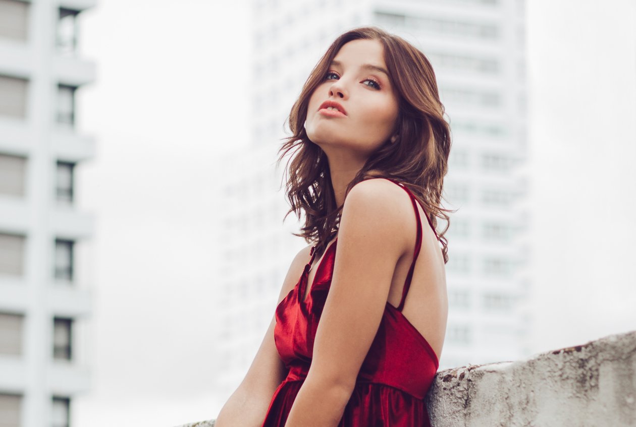 Stunning Model Outdoors Wearing Red Dress