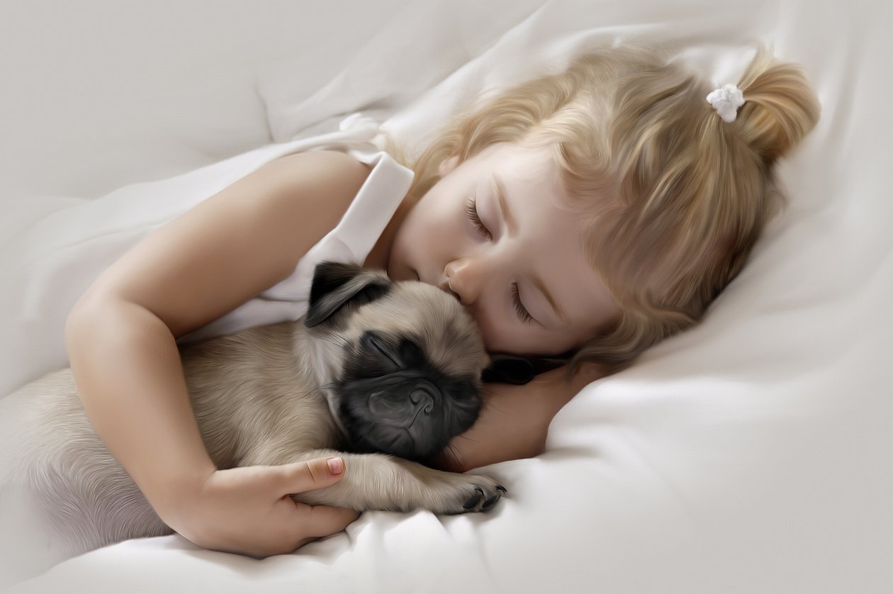 Adorable Little Girl Sleeping with Pug Puppy